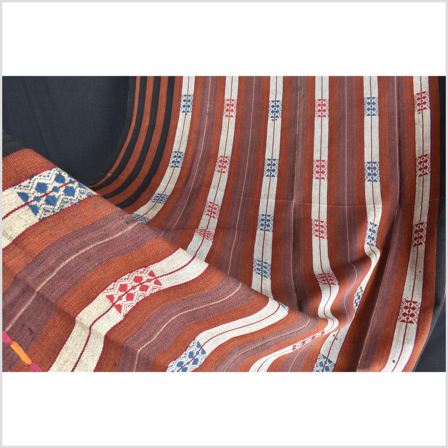 Vintage patina tribal home decor ethnic Naga blanket, geometric stripe, handwoven cotton throw boho Thailand Burma India tapestry II93