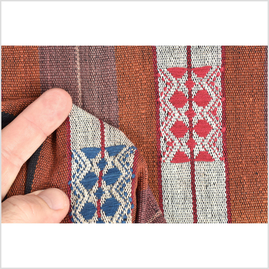 Vintage patina tribal home decor ethnic Naga blanket, geometric stripe, handwoven cotton throw boho Thailand Burma India tapestry II93