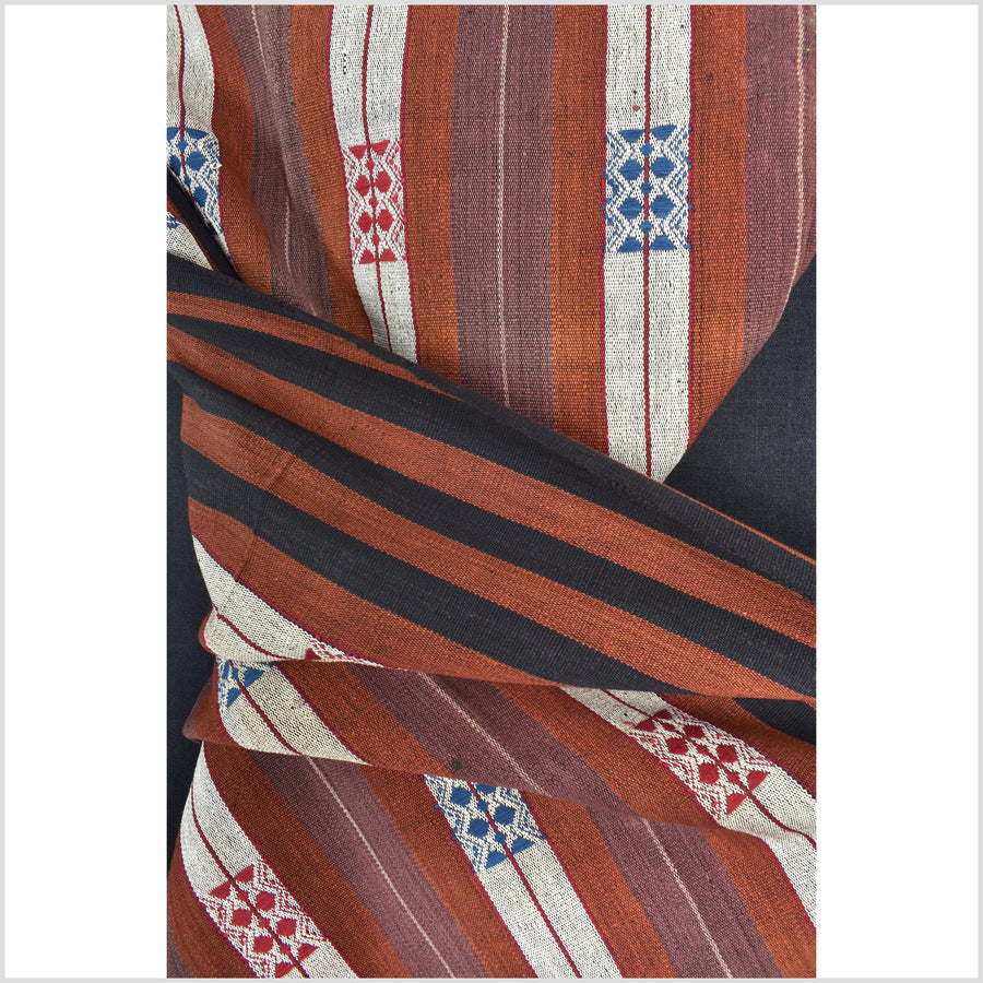 Vintage patina tribal home decor ethnic Naga blanket, geometric stripe, handwoven cotton throw boho Thailand Burma India tapestry II93