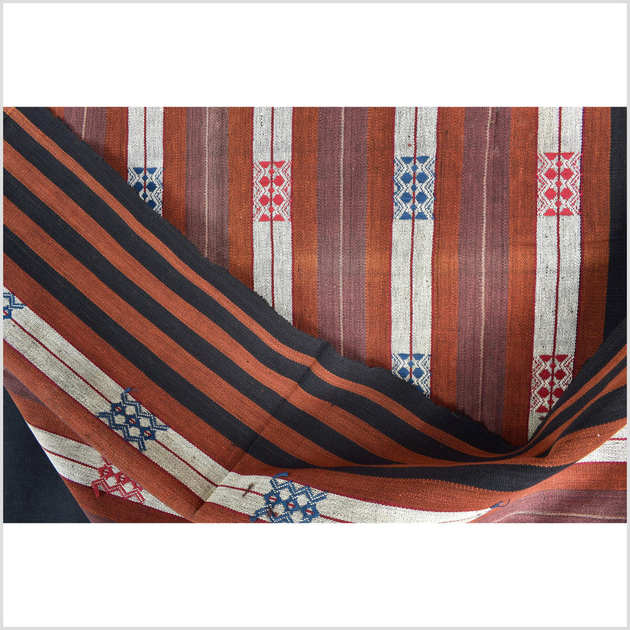 Vintage patina tribal home decor ethnic Naga blanket, geometric stripe, handwoven cotton throw boho Thailand Burma India tapestry II93