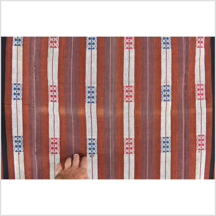 Vintage patina tribal home decor ethnic Naga blanket, geometric stripe, handwoven cotton throw boho Thailand Burma India tapestry II93
