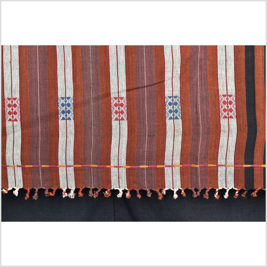 Vintage patina tribal home decor ethnic Naga blanket, geometric stripe, handwoven cotton throw boho Thailand Burma India tapestry II93