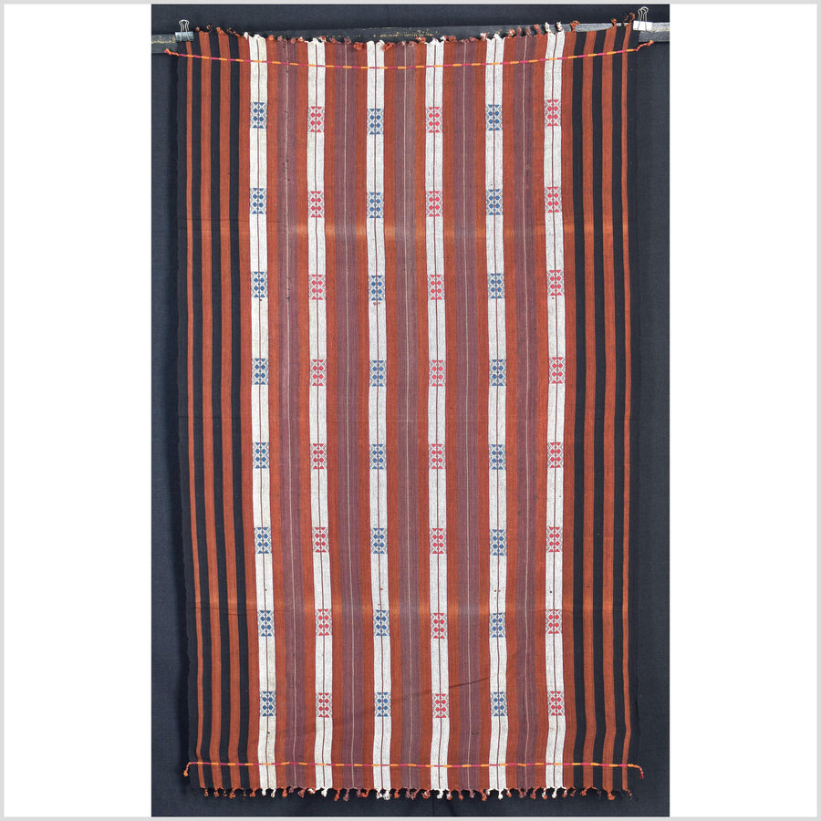 Vintage patina tribal home decor ethnic Naga blanket, geometric stripe, handwoven cotton throw boho Thailand Burma India tapestry II93