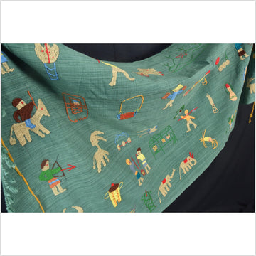 Mint green cotton story quilt Naga tribal textile ethnic embroidered boho fabric Burma hill tribe tapestry Thailand India Hmong II98