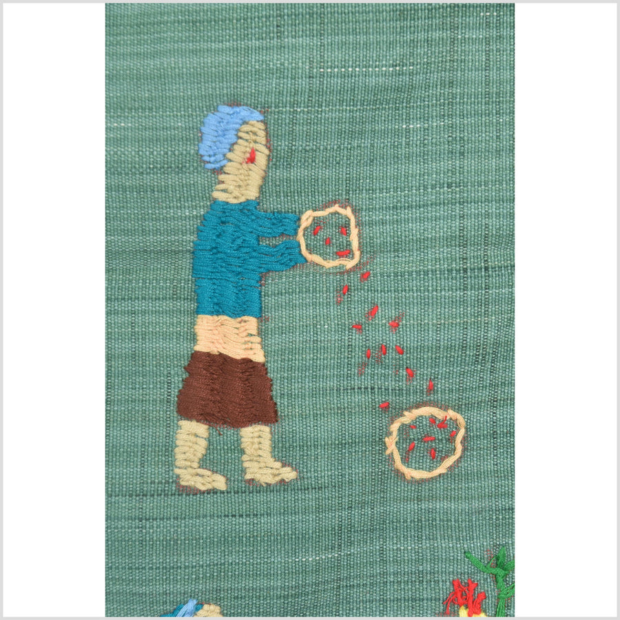 Mint green cotton story quilt Naga tribal textile ethnic embroidered boho fabric Burma hill tribe tapestry Thailand India Hmong II98