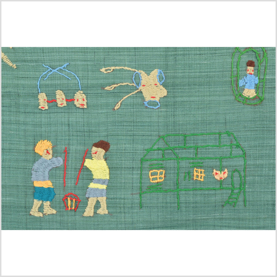 Mint green cotton story quilt Naga tribal textile ethnic embroidered boho fabric Burma hill tribe tapestry Thailand India Hmong II98
