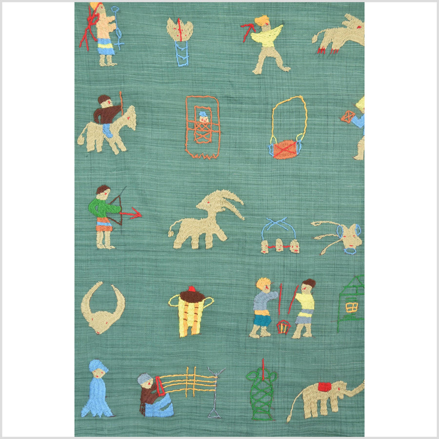Mint green cotton story quilt Naga tribal textile ethnic embroidered boho fabric Burma hill tribe tapestry Thailand India Hmong II98