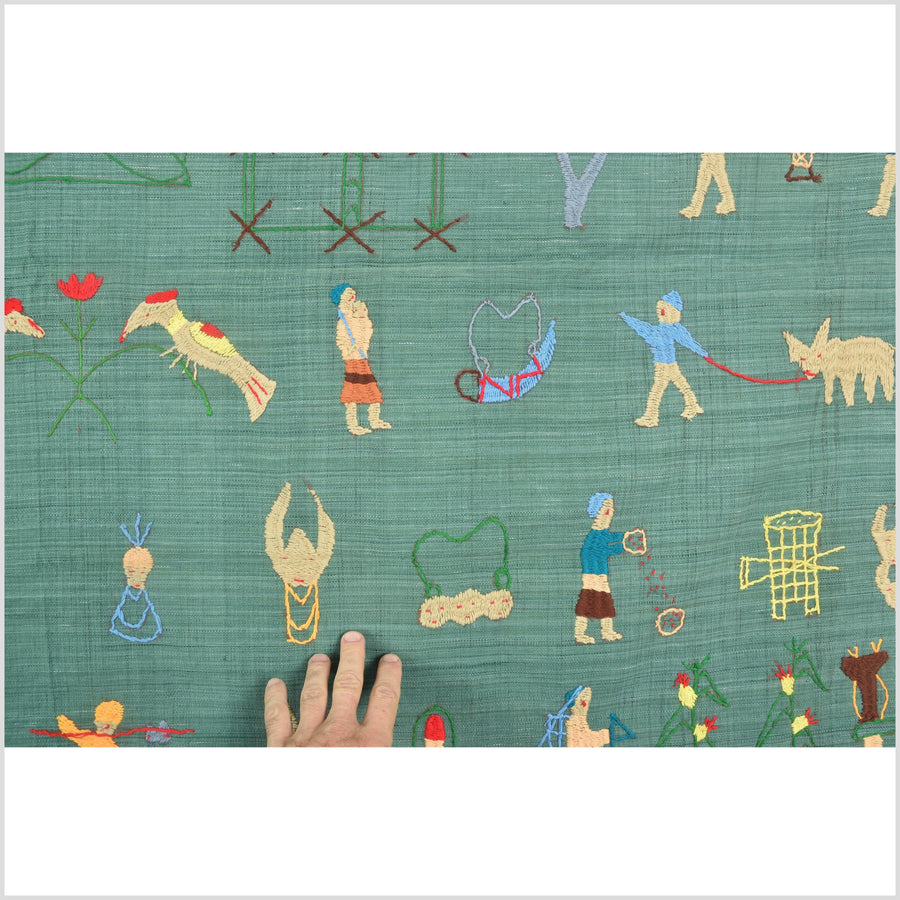 Mint green cotton story quilt Naga tribal textile ethnic embroidered boho fabric Burma hill tribe tapestry Thailand India Hmong II98