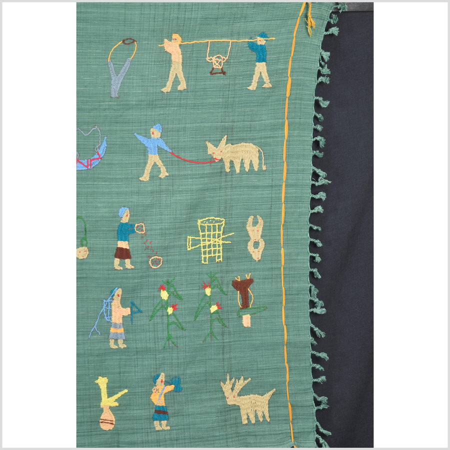 Mint green cotton story quilt Naga tribal textile ethnic embroidered boho fabric Burma hill tribe tapestry Thailand India Hmong II98