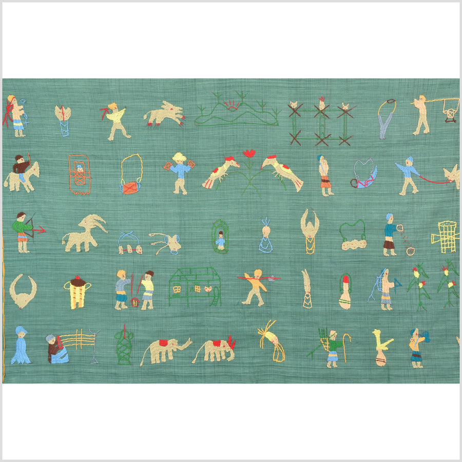 Mint green cotton story quilt Naga tribal textile ethnic embroidered boho fabric Burma hill tribe tapestry Thailand India Hmong II98
