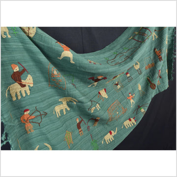 Mint green cotton story quilt Naga tribal textile ethnic embroidered boho fabric Burma hill tribe tapestry Thailand India Hmong II99
