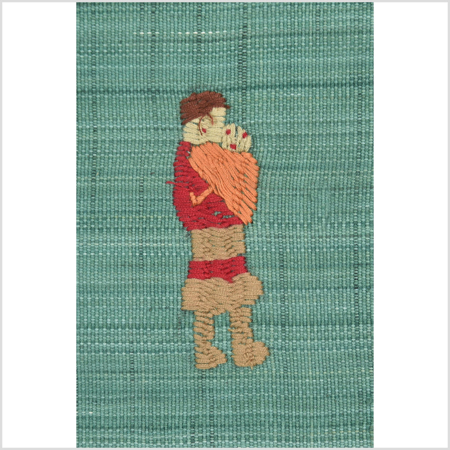 Mint green cotton story quilt Naga tribal textile ethnic embroidered boho fabric Burma hill tribe tapestry Thailand India Hmong II99