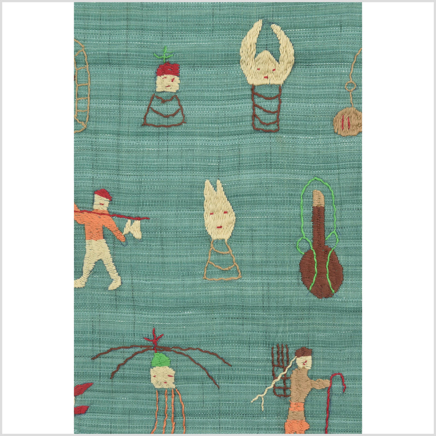Mint green cotton story quilt Naga tribal textile ethnic embroidered boho fabric Burma hill tribe tapestry Thailand India Hmong II99