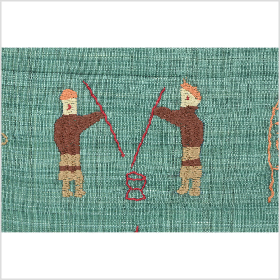 Mint green cotton story quilt Naga tribal textile ethnic embroidered boho fabric Burma hill tribe tapestry Thailand India Hmong II99