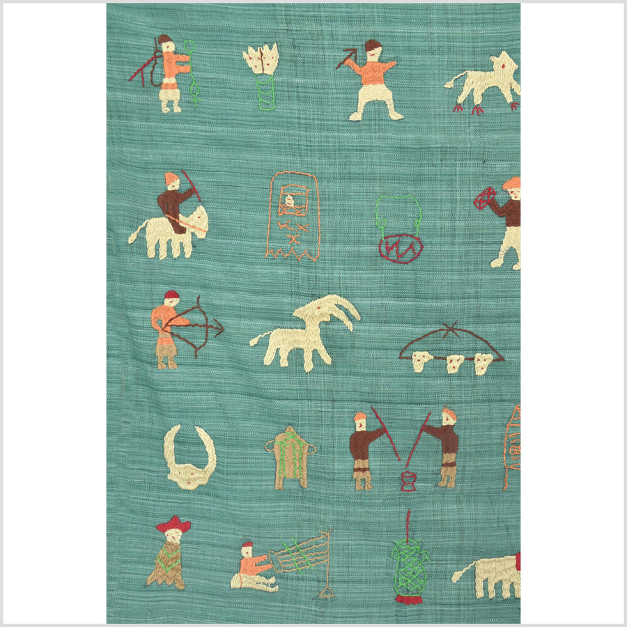 Mint green cotton story quilt Naga tribal textile ethnic embroidered boho fabric Burma hill tribe tapestry Thailand India Hmong II99