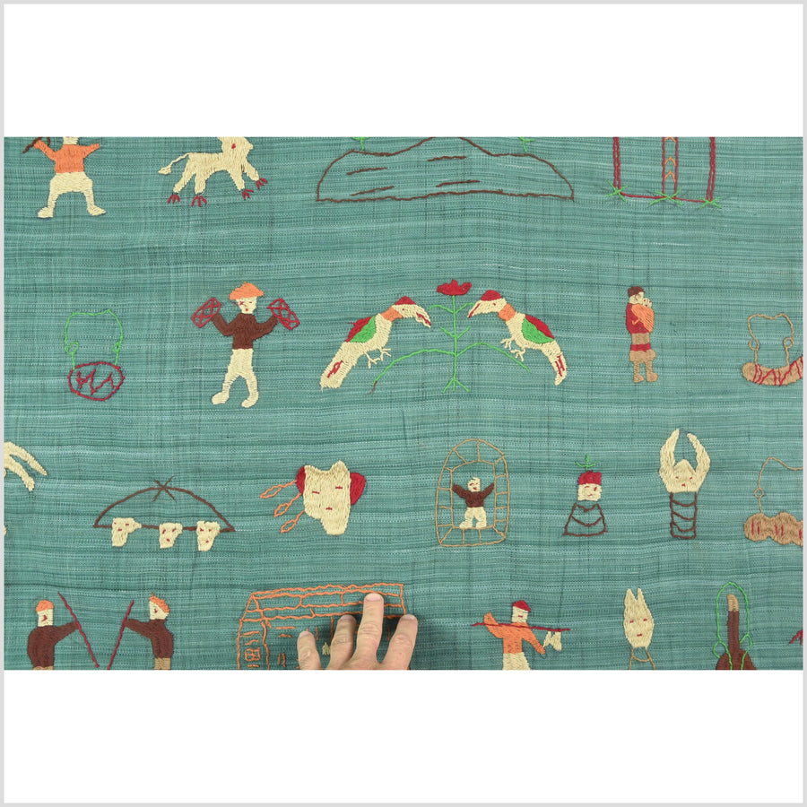 Mint green cotton story quilt Naga tribal textile ethnic embroidered boho fabric Burma hill tribe tapestry Thailand India Hmong II99