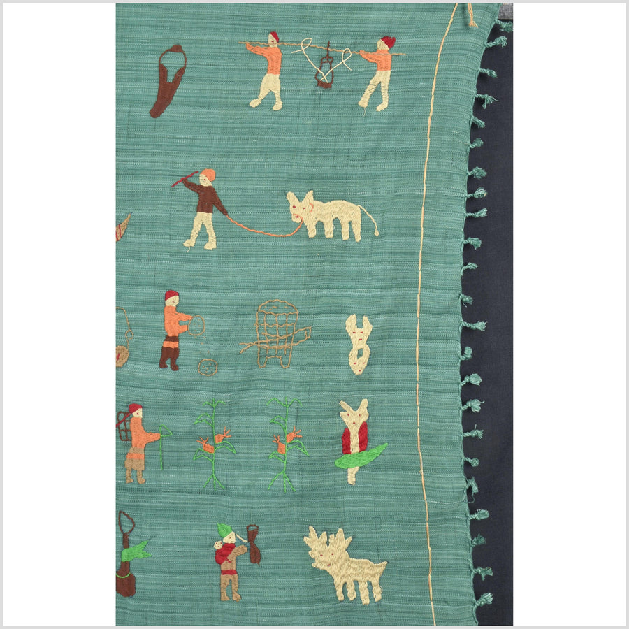 Mint green cotton story quilt Naga tribal textile ethnic embroidered boho fabric Burma hill tribe tapestry Thailand India Hmong II99