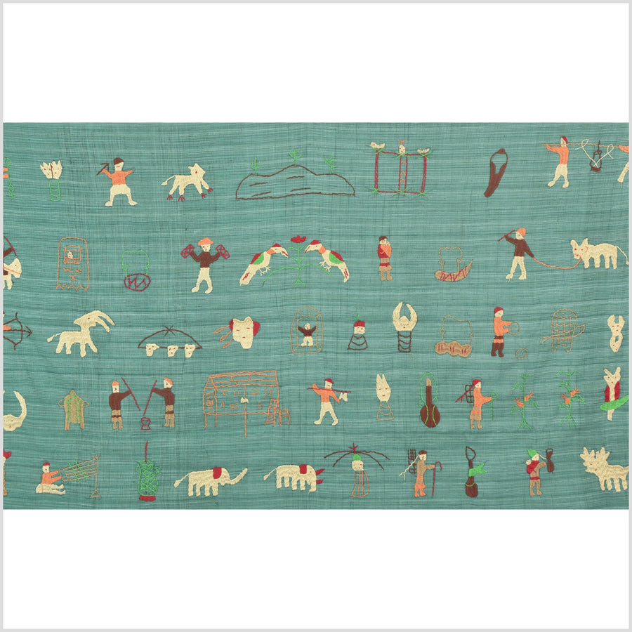 Mint green cotton story quilt Naga tribal textile ethnic embroidered boho fabric Burma hill tribe tapestry Thailand India Hmong II99