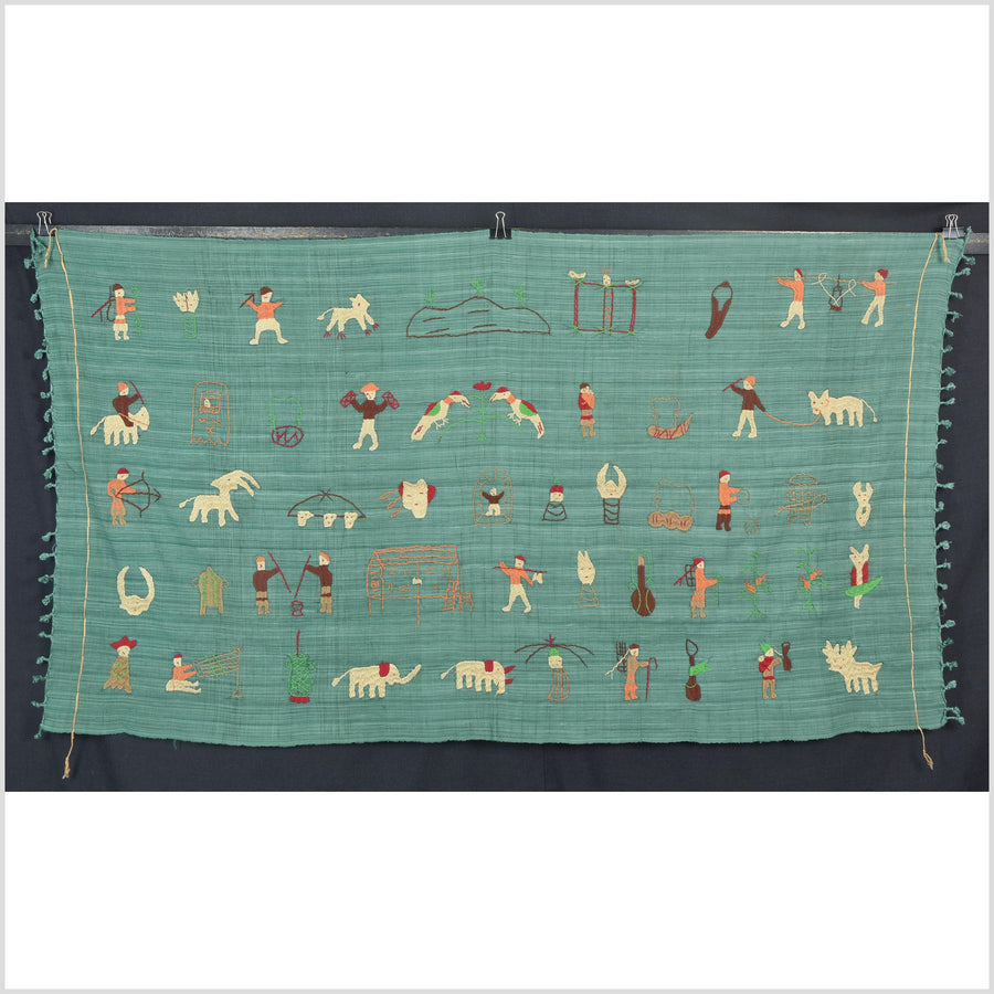 Mint green cotton story quilt Naga tribal textile ethnic embroidered boho fabric Burma hill tribe tapestry Thailand India Hmong II99