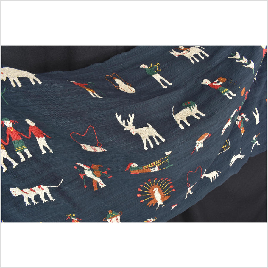 Rich marine blue cotton story quilt Naga tribal textile ethnic embroidered boho fabric Burma hill tribe tapestry Thailand India Hmong MP100