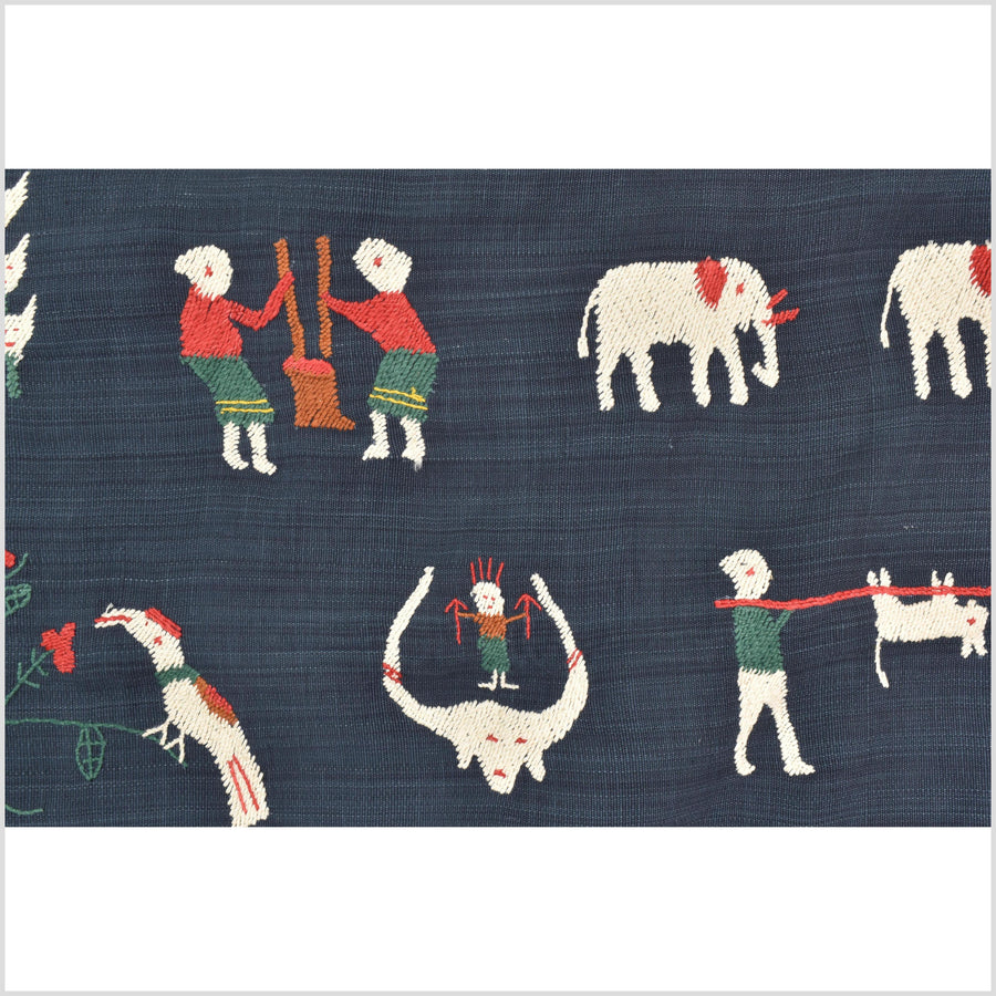 Rich marine blue cotton story quilt Naga tribal textile ethnic embroidered boho fabric Burma hill tribe tapestry Thailand India Hmong MP100