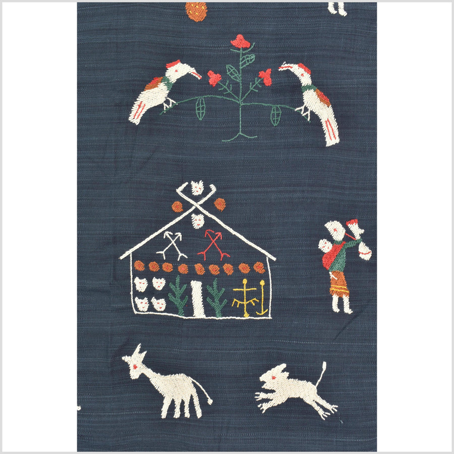 Rich marine blue cotton story quilt Naga tribal textile ethnic embroidered boho fabric Burma hill tribe tapestry Thailand India Hmong MP100