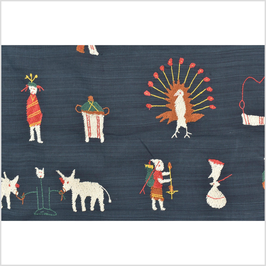 Rich marine blue cotton story quilt Naga tribal textile ethnic embroidered boho fabric Burma hill tribe tapestry Thailand India Hmong MP100