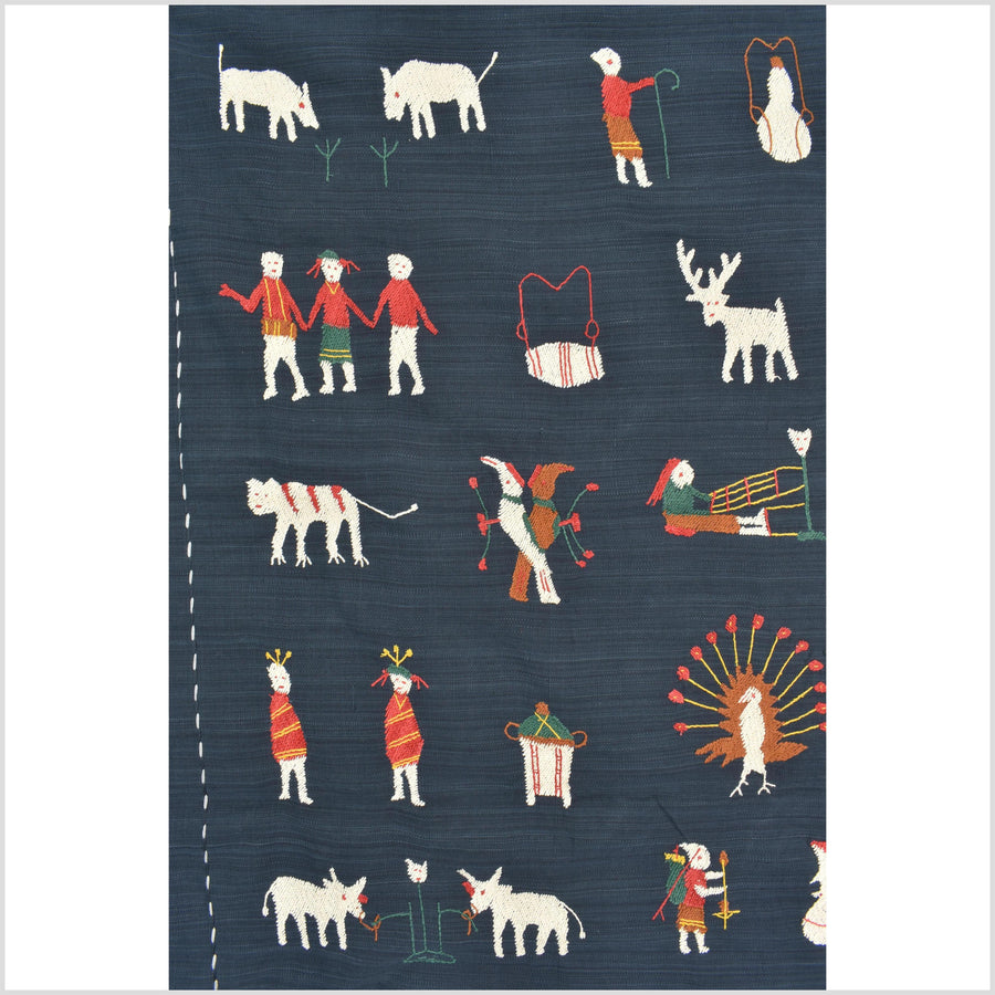 Rich marine blue cotton story quilt Naga tribal textile ethnic embroidered boho fabric Burma hill tribe tapestry Thailand India Hmong MP100