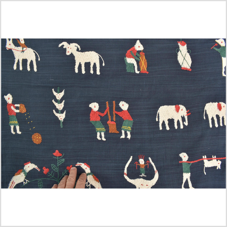 Rich marine blue cotton story quilt Naga tribal textile ethnic embroidered boho fabric Burma hill tribe tapestry Thailand India Hmong MP100