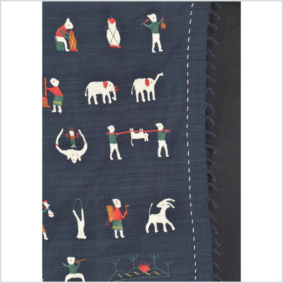 Rich marine blue cotton story quilt Naga tribal textile ethnic embroidered boho fabric Burma hill tribe tapestry Thailand India Hmong MP100