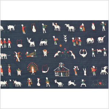 Rich marine blue cotton story quilt Naga tribal textile ethnic embroidered boho fabric Burma hill tribe tapestry Thailand India Hmong MP100