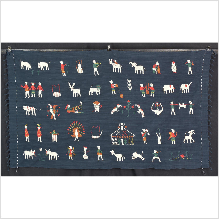 Rich marine blue cotton story quilt Naga tribal textile ethnic embroidered boho fabric Burma hill tribe tapestry Thailand India Hmong MP100