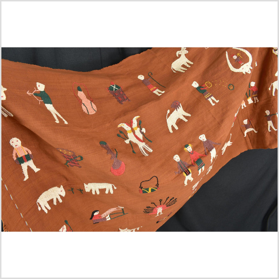 Saffron orange cotton story quilt Naga tribal textile ethnic embroidered boho fabric Burma hill tribe tapestry Thai India Hmong MP101