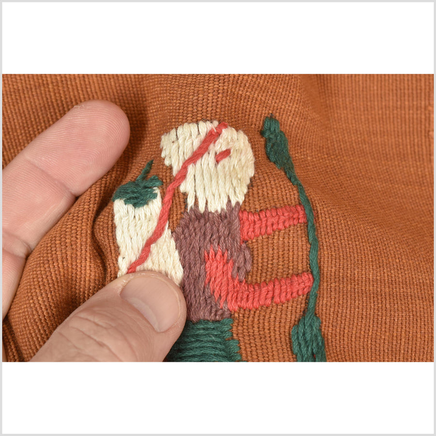 Saffron orange cotton story quilt Naga tribal textile ethnic embroidered boho fabric Burma hill tribe tapestry Thai India Hmong MP101