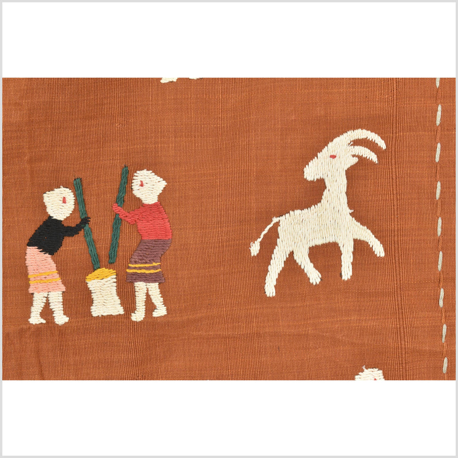 Saffron orange cotton story quilt Naga tribal textile ethnic embroidered boho fabric Burma hill tribe tapestry Thai India Hmong MP101