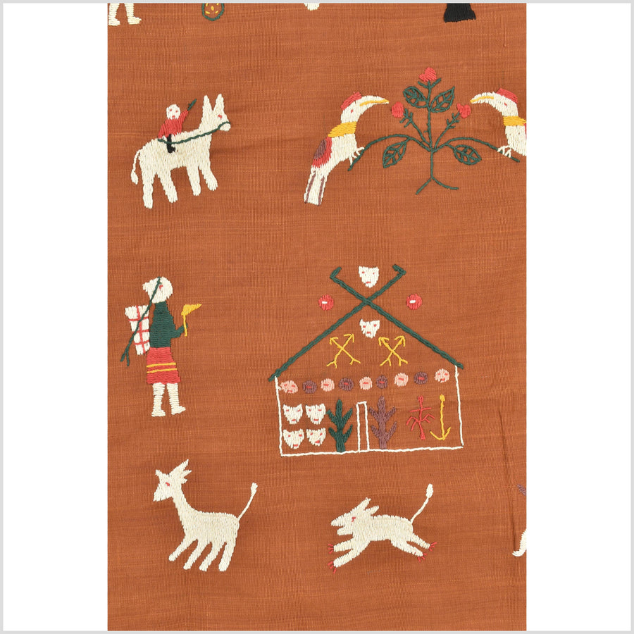 Saffron orange cotton story quilt Naga tribal textile ethnic embroidered boho fabric Burma hill tribe tapestry Thai India Hmong MP101