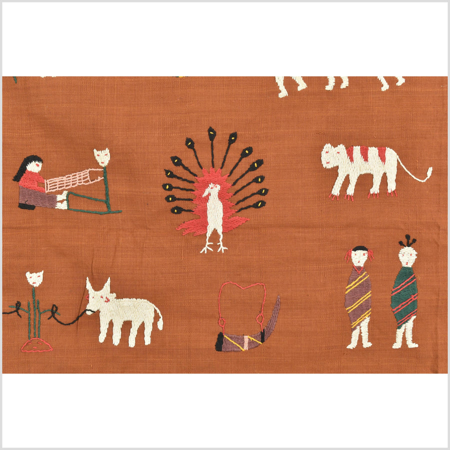 Saffron orange cotton story quilt Naga tribal textile ethnic embroidered boho fabric Burma hill tribe tapestry Thai India Hmong MP101