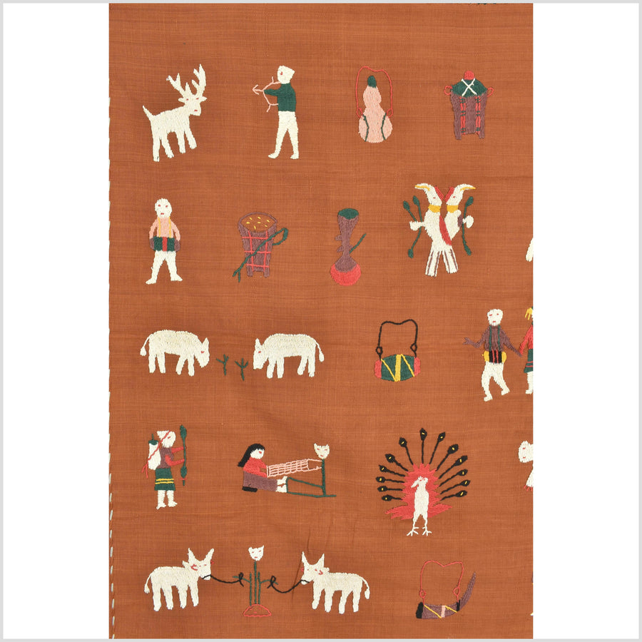 Saffron orange cotton story quilt Naga tribal textile ethnic embroidered boho fabric Burma hill tribe tapestry Thai India Hmong MP101