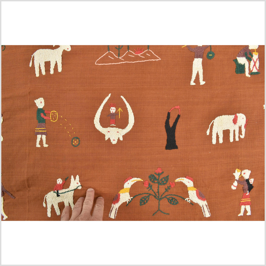 Saffron orange cotton story quilt Naga tribal textile ethnic embroidered boho fabric Burma hill tribe tapestry Thai India Hmong MP101