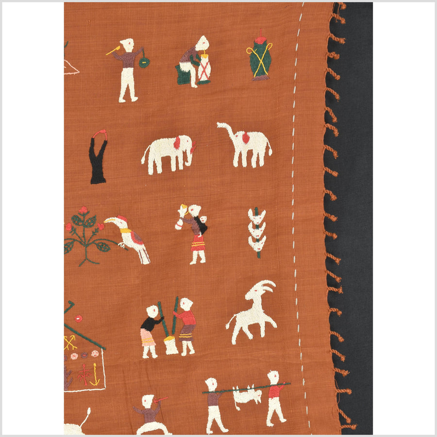 Saffron orange cotton story quilt Naga tribal textile ethnic embroidered boho fabric Burma hill tribe tapestry Thai India Hmong MP101