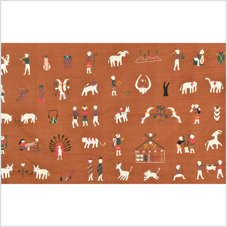 Saffron orange cotton story quilt Naga tribal textile ethnic embroidered boho fabric Burma hill tribe tapestry Thai India Hmong MP101