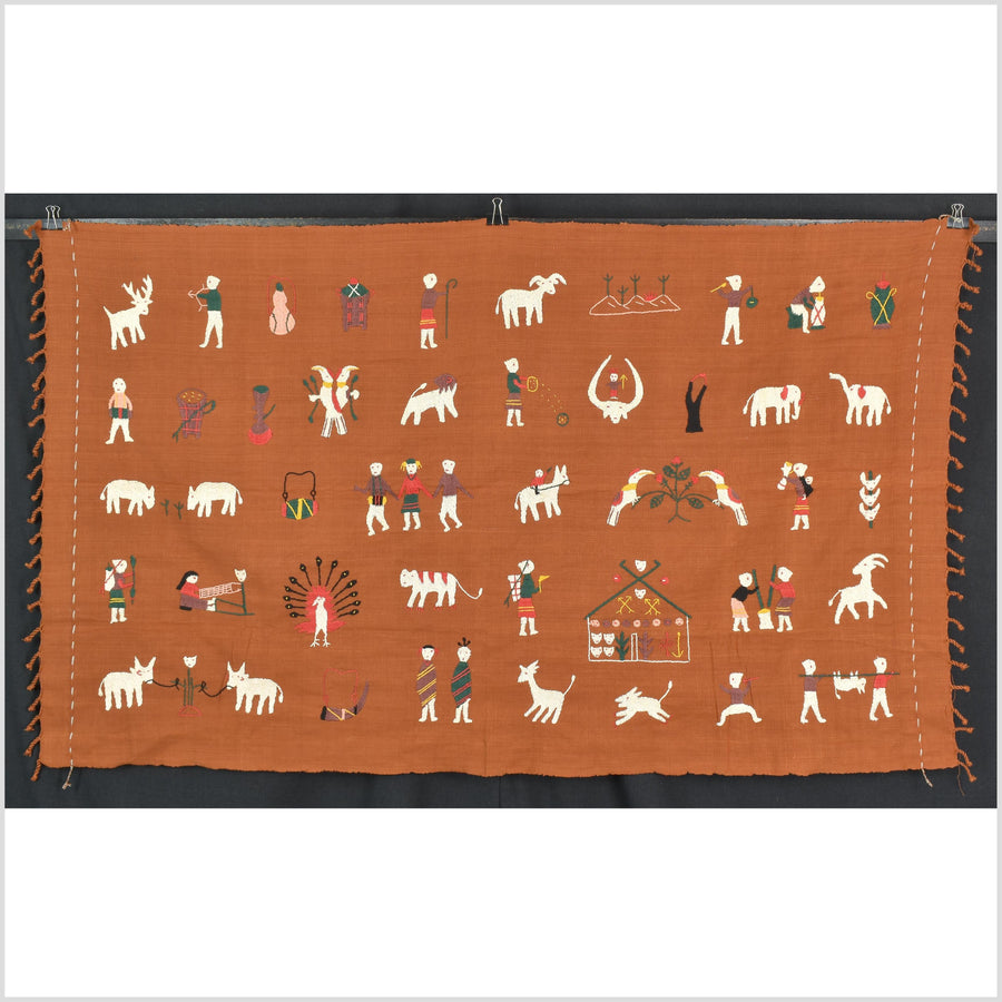 Saffron orange cotton story quilt Naga tribal textile ethnic embroidered boho fabric Burma hill tribe tapestry Thai India Hmong MP101