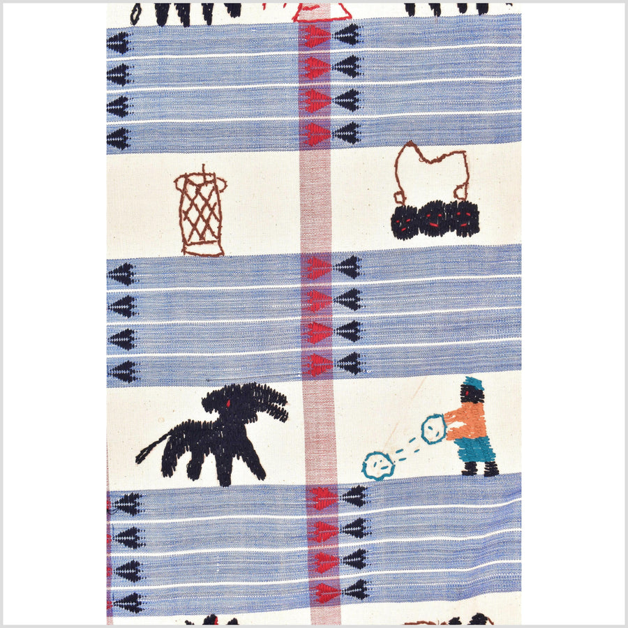 Unusual cream blue grid style cotton story quilt Naga tribal textile ethnic embroidered boho fabric Burma hill tribe tapestry Thailand India Hmong MP10