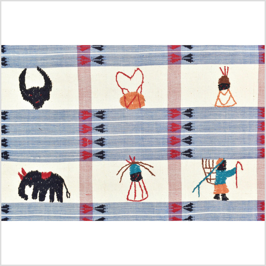 Unusual cream blue grid style cotton story quilt Naga tribal textile ethnic embroidered boho fabric Burma hill tribe tapestry Thailand India Hmong MP10