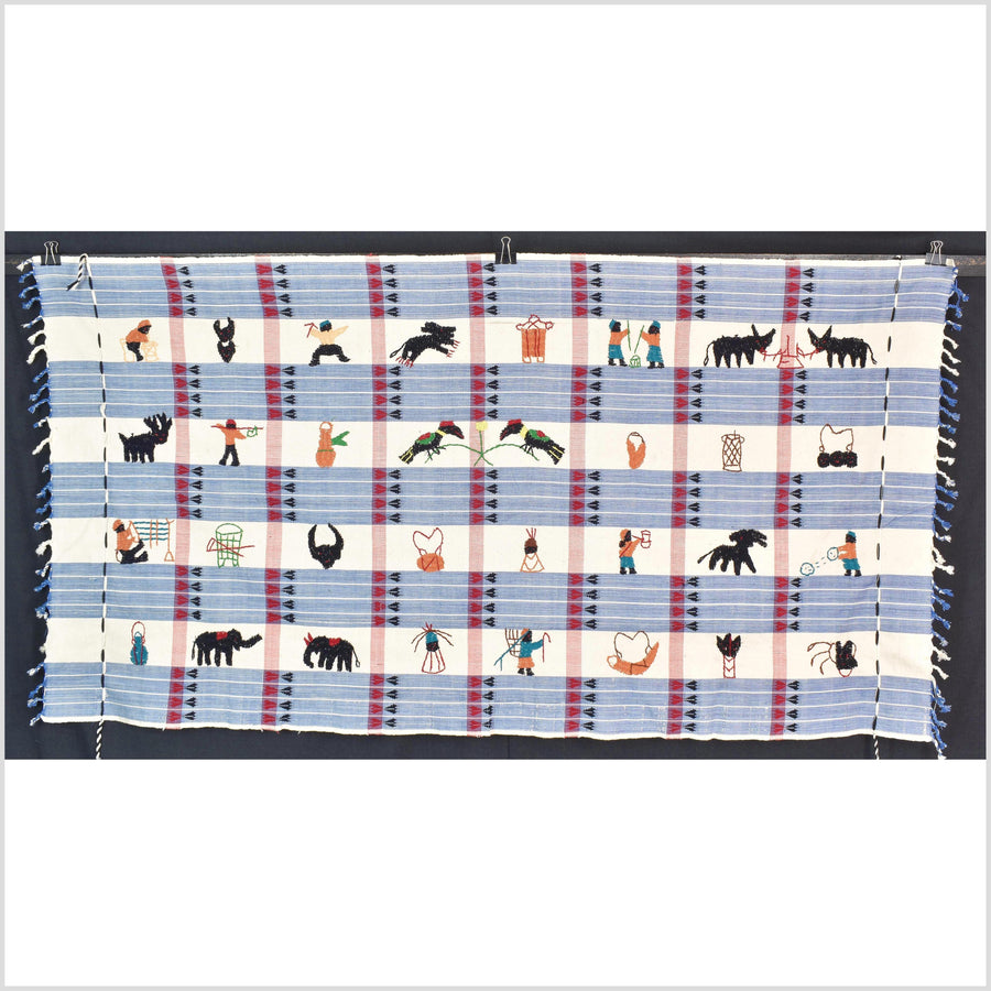 Unusual cream blue grid style cotton story quilt Naga tribal textile ethnic embroidered boho fabric Burma hill tribe tapestry Thailand India Hmong MP10
