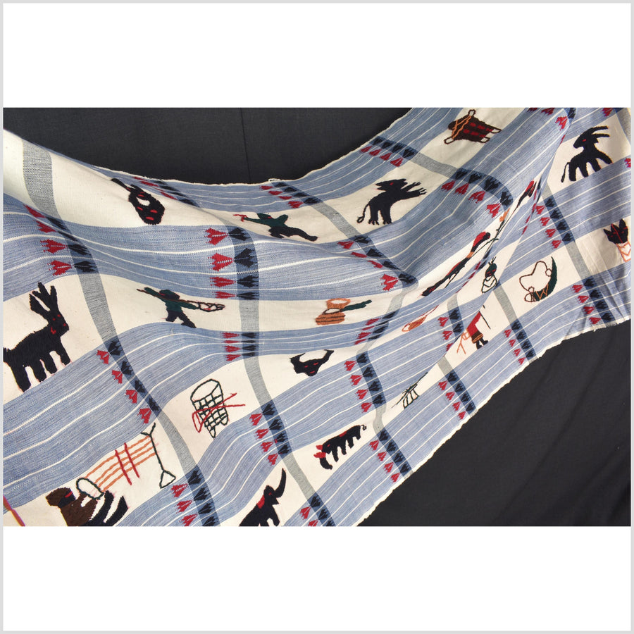 Unusual cream blue grid style cotton story quilt Naga tribal textile ethnic embroidered boho fabric Burma hill tribe tapestry Thailand India Hmong MP13