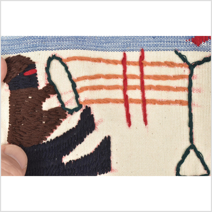 Unusual cream blue grid style cotton story quilt Naga tribal textile ethnic embroidered boho fabric Burma hill tribe tapestry Thailand India Hmong MP13