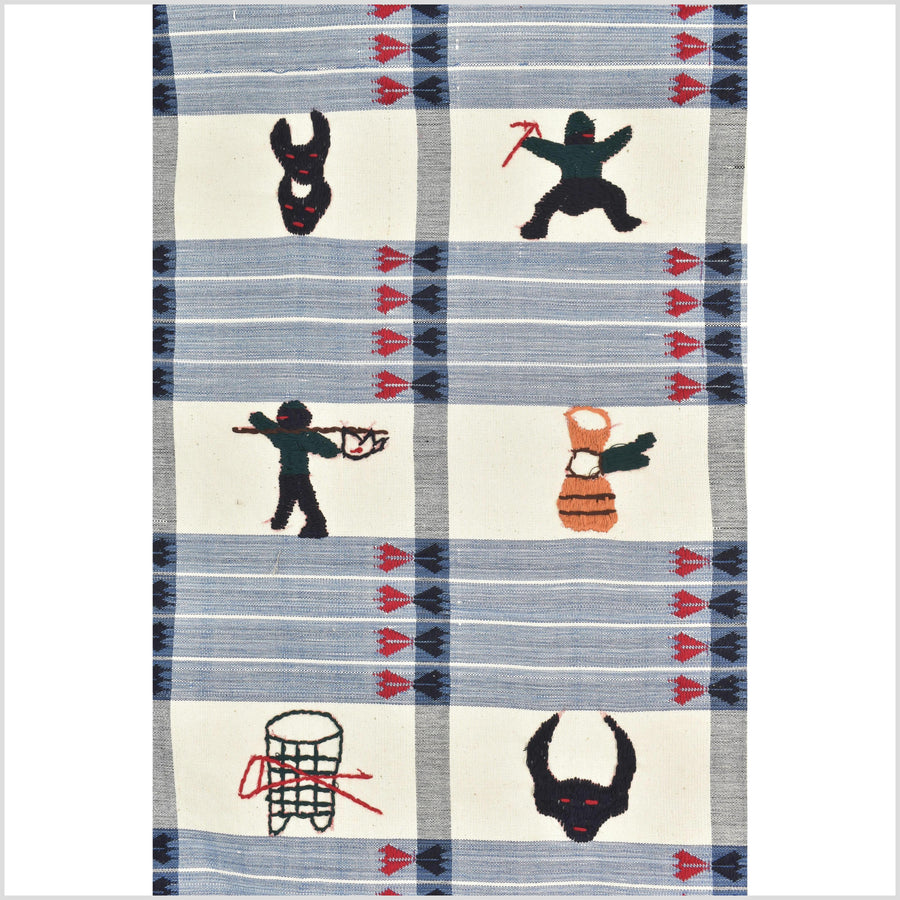 Unusual cream blue grid style cotton story quilt Naga tribal textile ethnic embroidered boho fabric Burma hill tribe tapestry Thailand India Hmong MP13