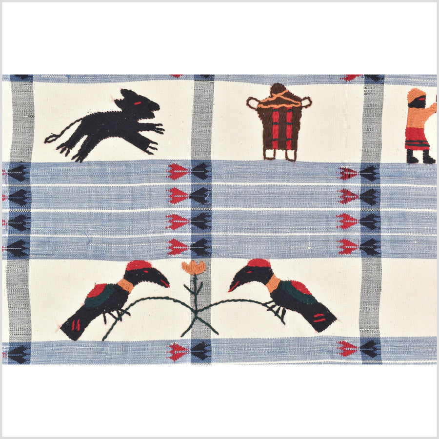 Unusual cream blue grid style cotton story quilt Naga tribal textile ethnic embroidered boho fabric Burma hill tribe tapestry Thailand India Hmong MP13