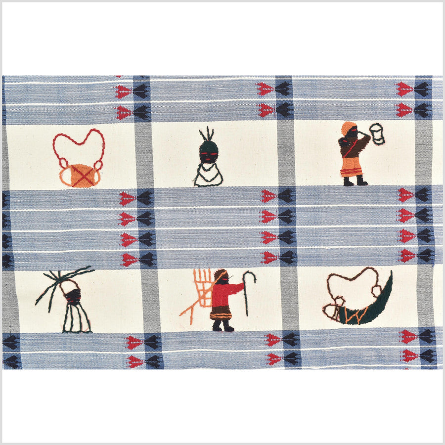 Unusual cream blue grid style cotton story quilt Naga tribal textile ethnic embroidered boho fabric Burma hill tribe tapestry Thailand India Hmong MP13